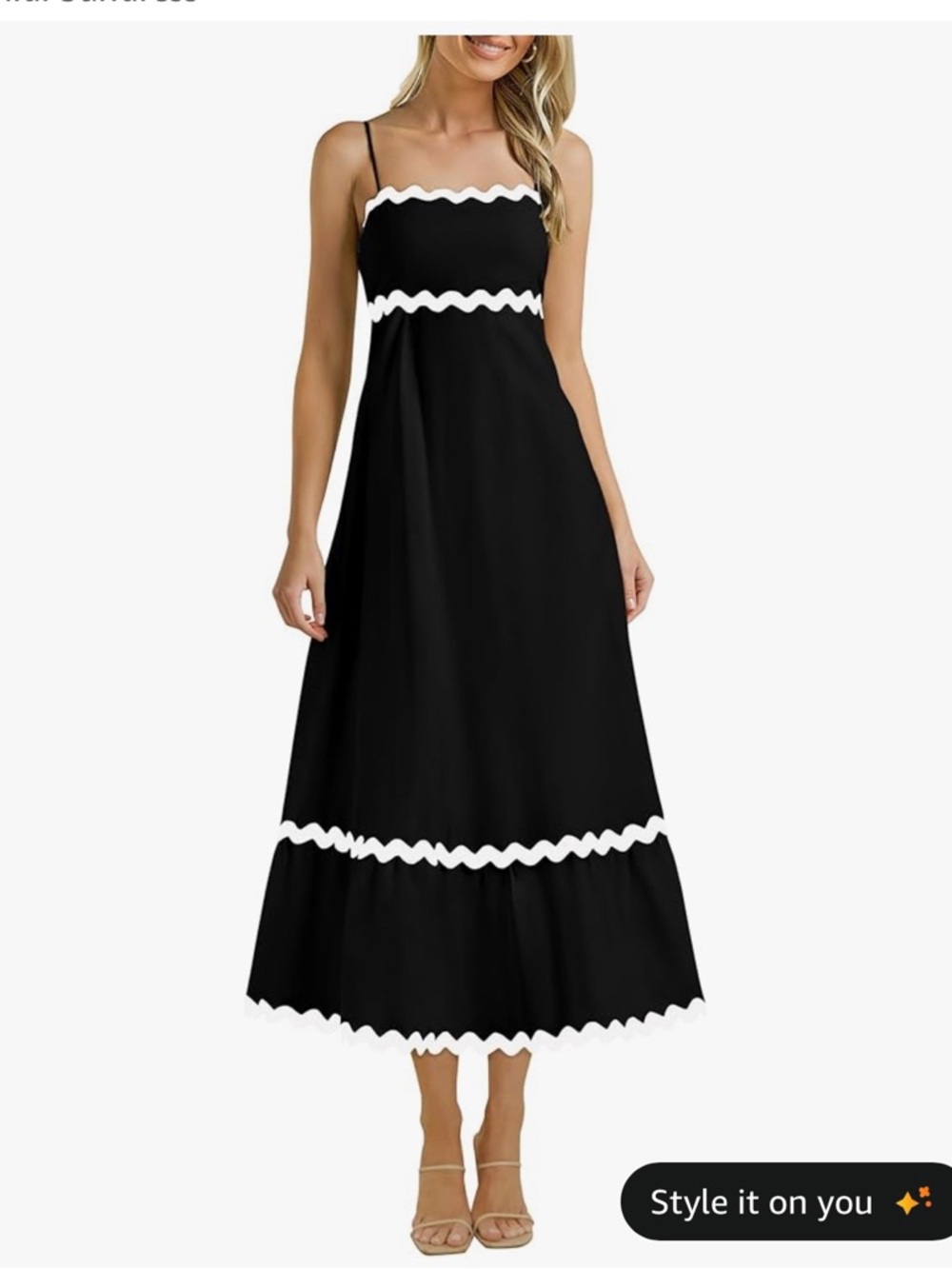 Black Spaghetti-Strap Midi Dress with White